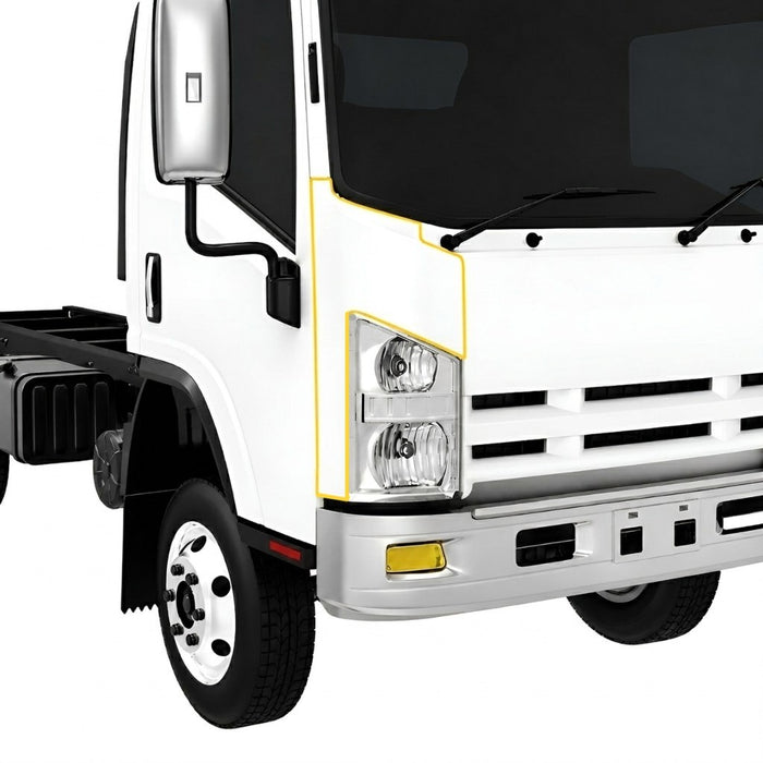 A front view of a old style isuzu NPR showing highlighted in yellow the front right hand corner panel that sits near the headlight