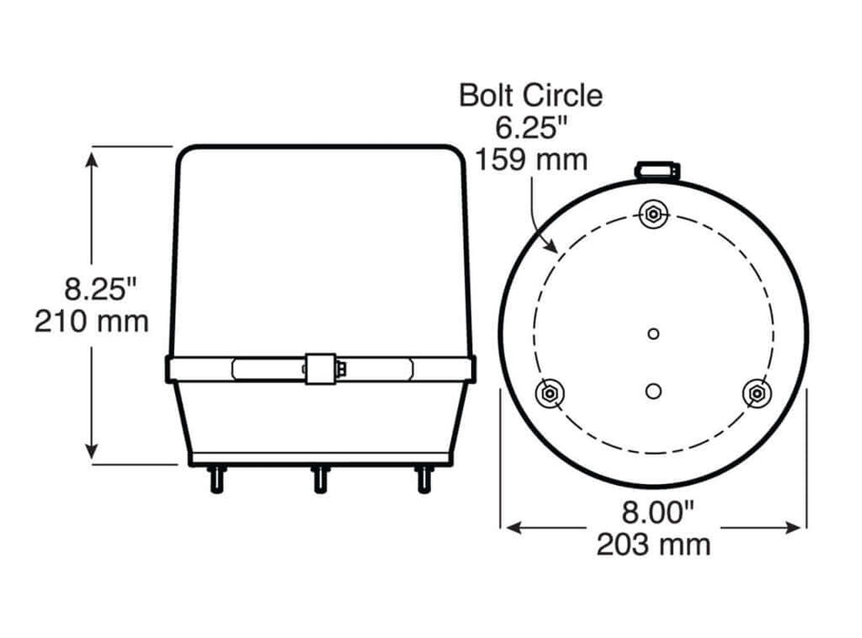 A diagram showing a housing of 8.00" and a bolt circle diameter of 6.25" for Peterson Lighting 799A strobe lights for trucks