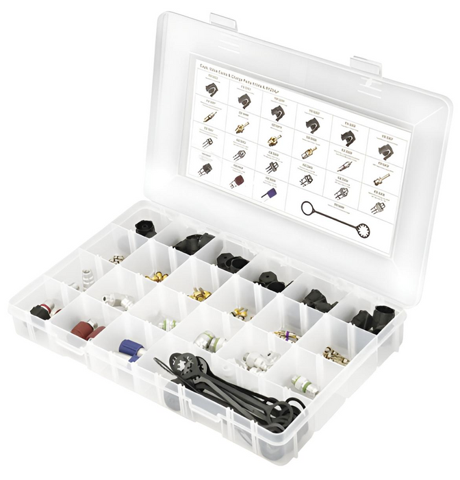 Heavy Duty Truck and Automotive AC Repair Kit – Assorted O-Rings, Valve Caps, Charging Ports, and Washers in Organizer Box