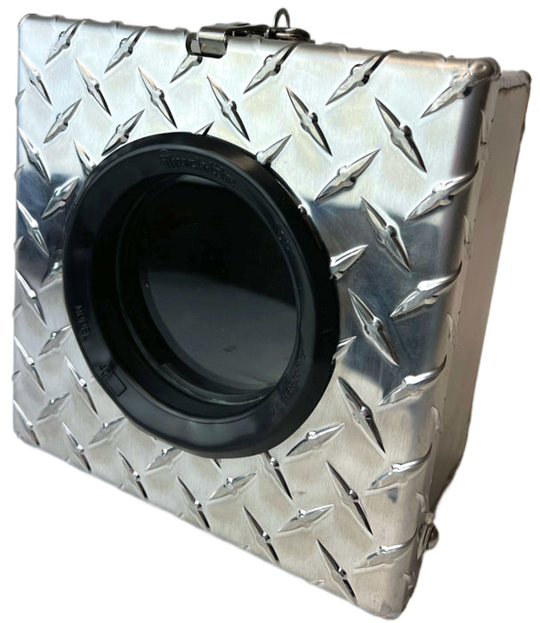 Cube Air Control Box with a circular glass window encased in stainless steel with a latch 