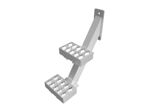 Box truck step up step with 2 rectangular diamond grip steps on angled rectangular pole with welded on 2 hole bracket mount on a blank background