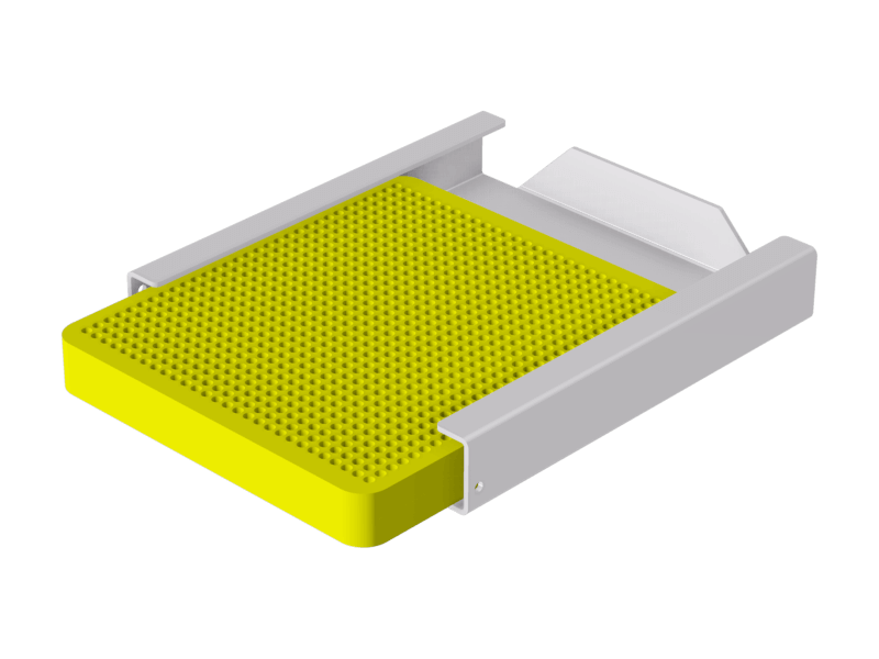 A computer image of a metal dolly pad holder with a yellow 15" X 17" X 1" square dolly pad inside of it