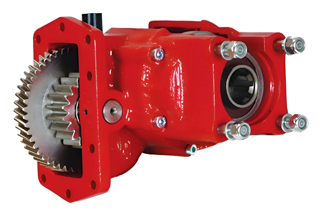 A red 3252 series bezares usa PTO PT3252PCE633SA with 2 gears shown on the left side 