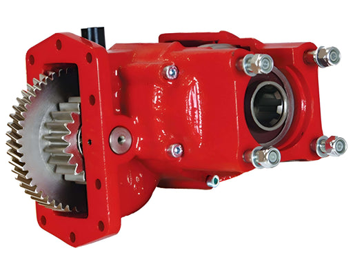 A red 3252 series bezares usa PTO PT3252PGE633SA for allison transmissions with 2 gears shown on the left side 