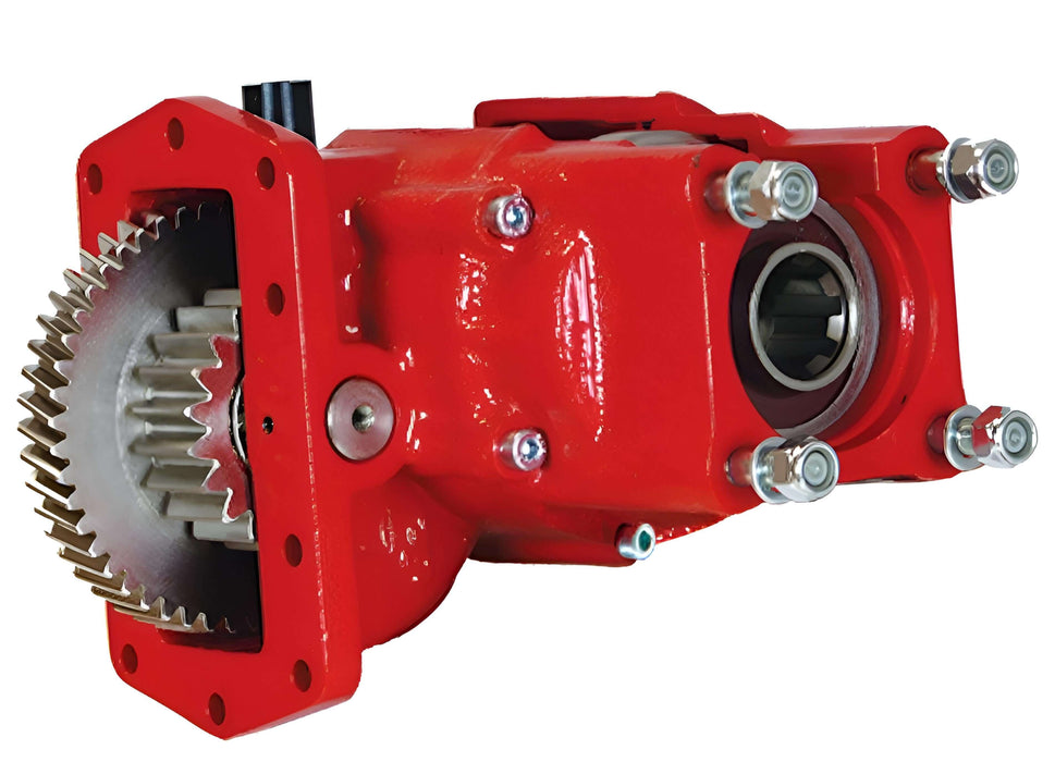 A red 3252 series bezares usa PTO PT3252PGE633SA for allison transmissions with 2 gears shown on the left side 