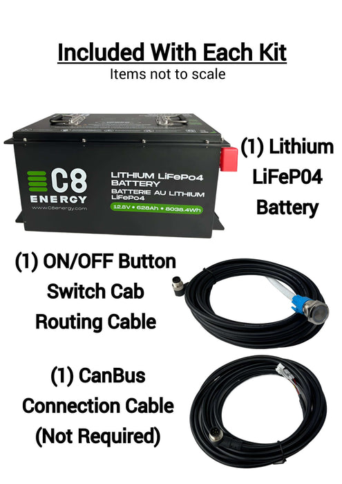 A C8 Energy lithium LiFePO4 battery image marked "Included with each kit" showing the C8 Lithium LiFePo4 battery, On/off cable, and canbus cable on a white background