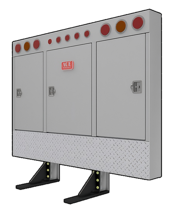 cab rack for semi truck with enclosed cabinet, all red and orange round lights, 3 cabinets, and an ace manufacturing badge