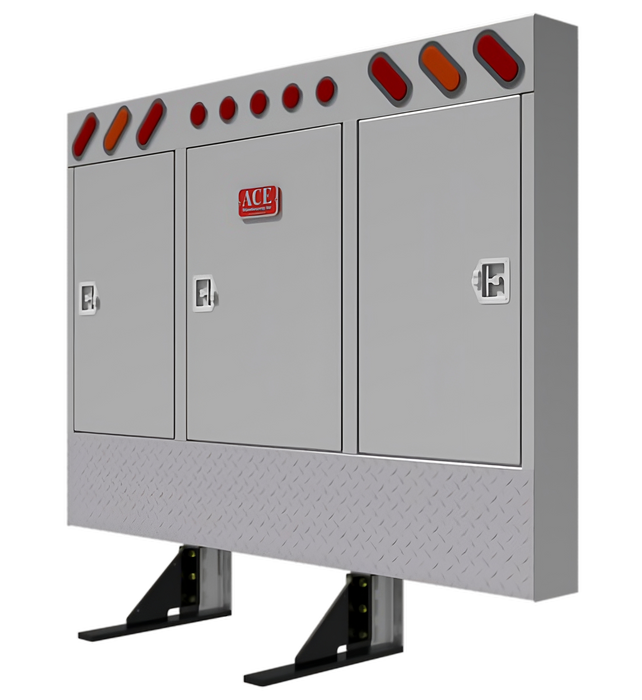 cab rack for semi truck with various red and orange lights enclosed cabinet headache rack with 3 doors with a badge marked ace manufacturing