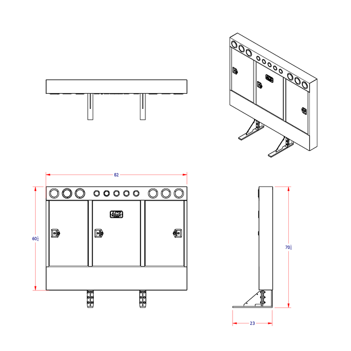 A diagram cab rack for semi truck with enclosed cabinet with lights showing dimensions