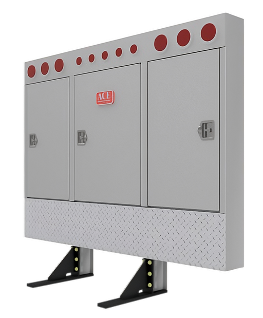 cab rack for semi truck with enclosed cabinet, all red lights, 3 cabinets, and an ace manufacturing badge