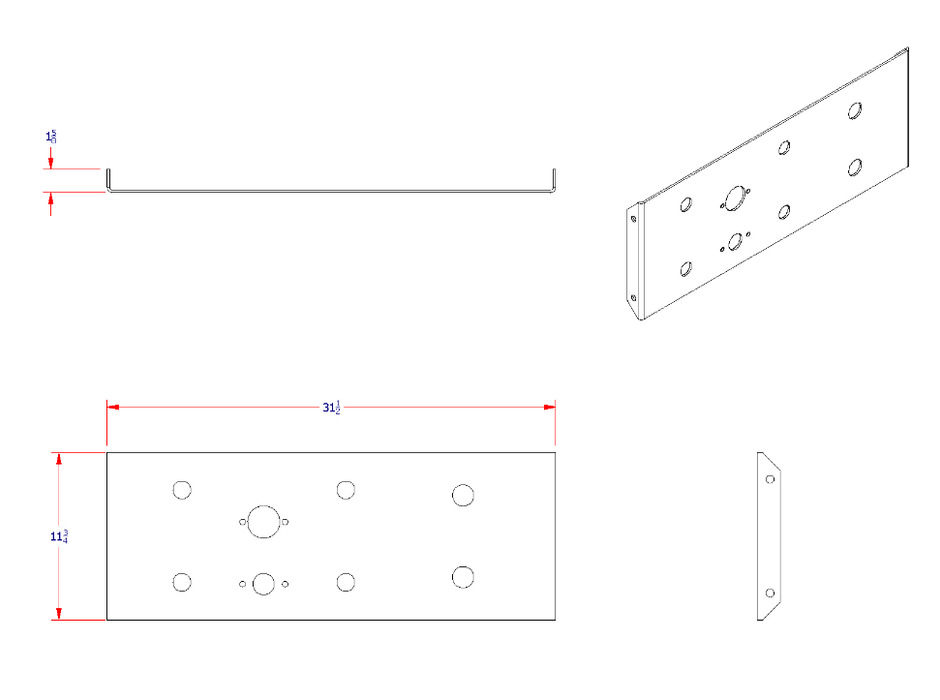 A diagram of CR3A-AMP-2 airline manifold plate for passing airline connections on semi trucks to trailers. Length of 31.5", Width of 11.75", and height of 1.625"