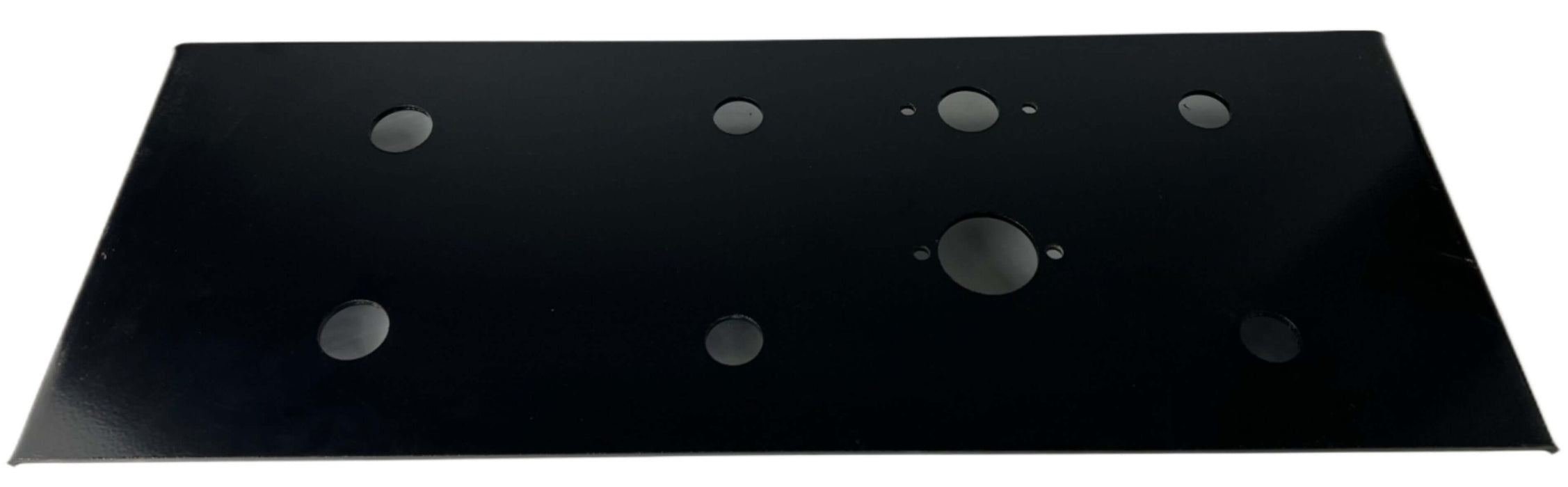 A manifold plate for running airlines between semi trucks and trailers with headache racks with 8 holes for connection passing through a black rectangular metal plate
