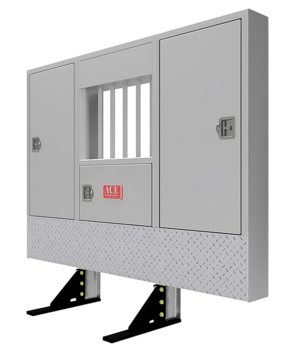 ace manufacturing extended depth cab rack for semi truck enclosed cabinet headache rack with 3 closed door cabinets and jailbar window