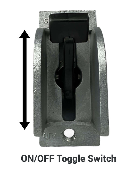 ON/OFF toggle switch with black handle on a white background