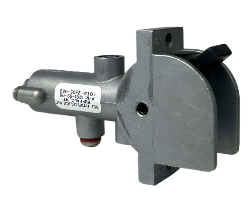 The side view of a pneumatic on off switch showing a black switch in the on position connected to the switches valve body