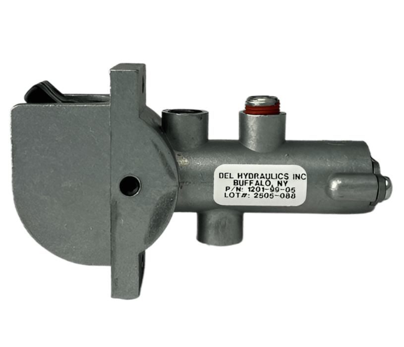 The side view of a Pneumatic on off switch showing a tag marked "Del Hydraulics Inc, Buffalo NY, P/N 1201-99-05"