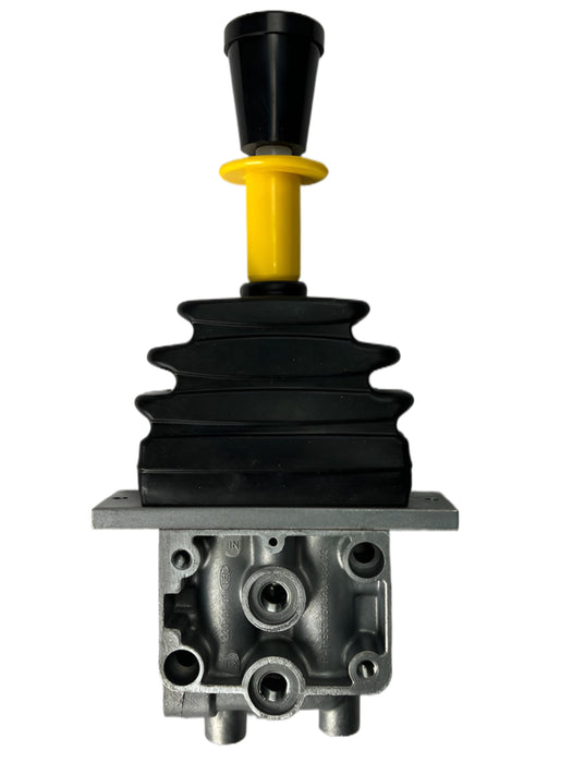 A side view of D14-1224-99-04 air control valve showing a black and yellow handle on top with connecting boot on top of the mounting plate with air connections