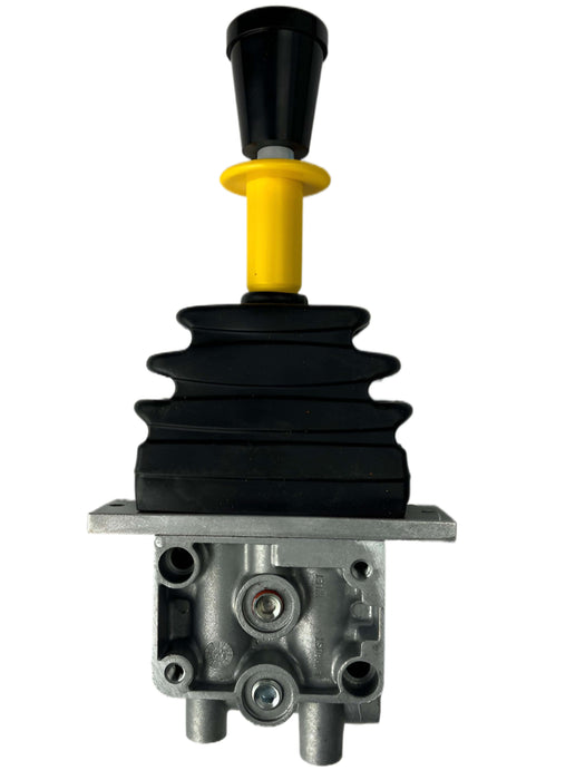 The backside of a D14-1224-99-05 stackable feathering valve by del hydraulics showing the handle, yellow release, boot, and connections