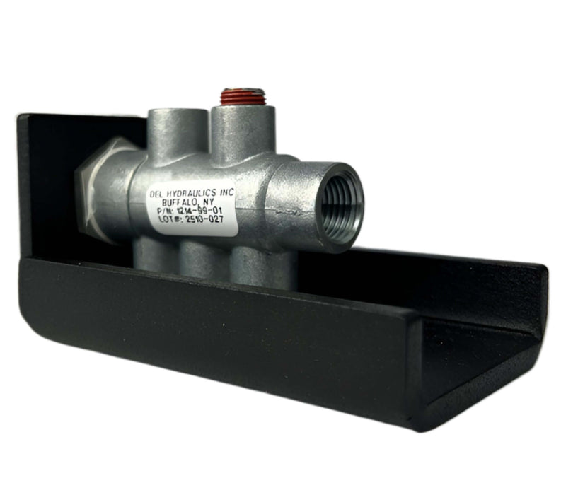 Metal hydraulic cylinder stroke limiter with black mounting base base on a white background