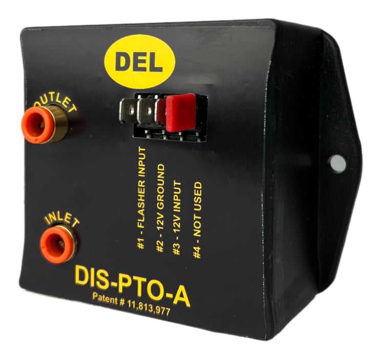 Del hydraulics air shifter PTO interlock system square black box with the text DIS-PTO-A with 2 air connections and a 4 prong connections