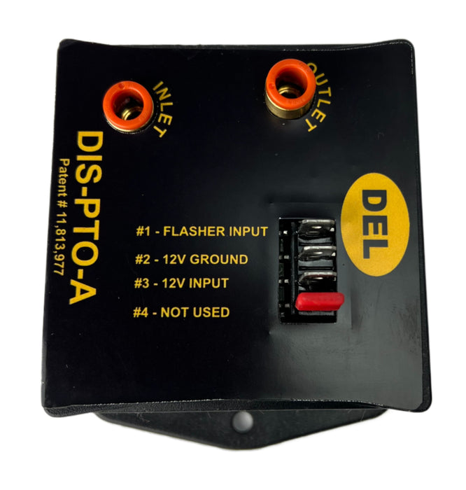 A side view of a black box marked DIS-PTO-A with 4 lines marked "#1 - Flasher Input" "#2 - 12V Ground" "#3 - 12V Input" & "#4 Not Used"