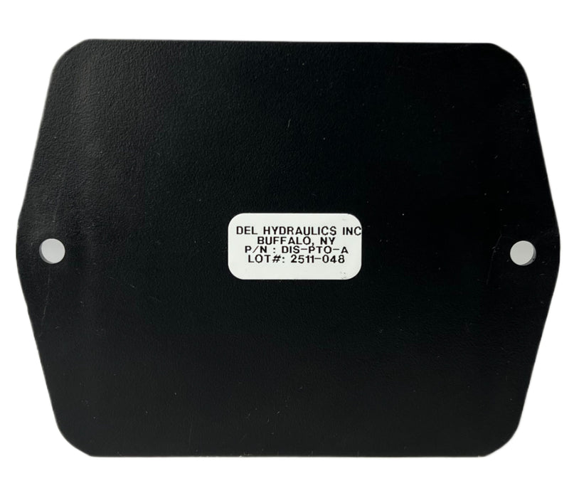 The rear view of DIS-PTO-A PTO interlock system showing 6 sided plate with a tag marked "Del Hydraulics Inc Buffalo, NY P/N DIS-PTO-A"