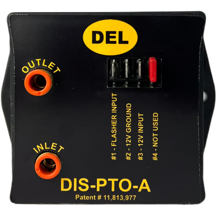A PTO interlock system with DIS-PTO-A and DEL Hydraulics logo on a black box on a white background