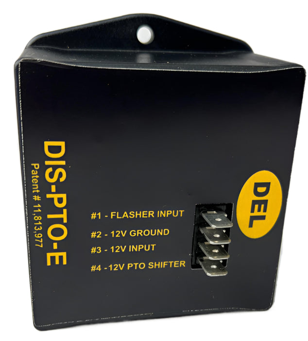 A side view of a black box marked DIS-PTO-A with 4 lines marked "#1 - Flasher Input" "#2 - 12V Ground" "#3 - 12V Input" & "#4 12V PTO Shifter"