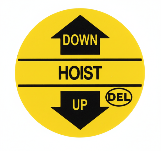 A round yellow Del Hydraulics Hoist Down/Up Decal - D39-DECAL2B