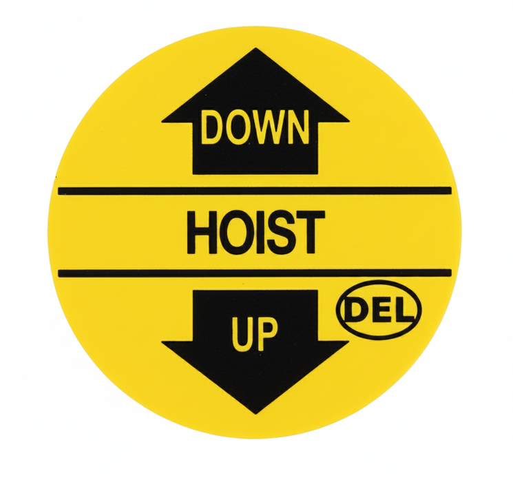 A round yellow Del Hydraulics Hoist Down/Up Decal - D39-DECAL2B