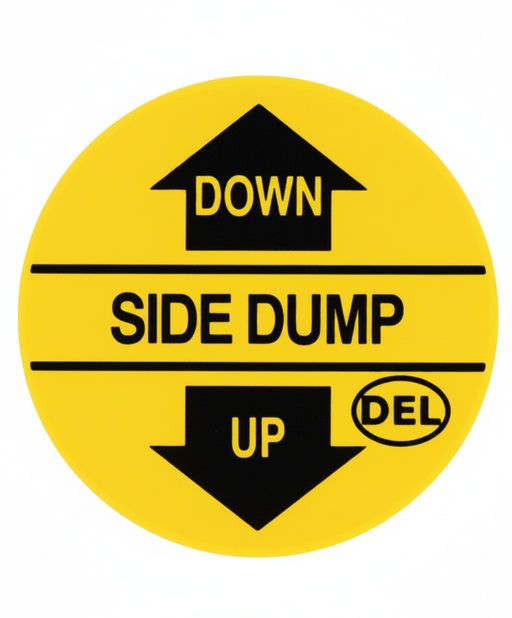 A round yellow Del Hydraulics Side Dump Down/Up Decal - D39-DECAL3C on a white background