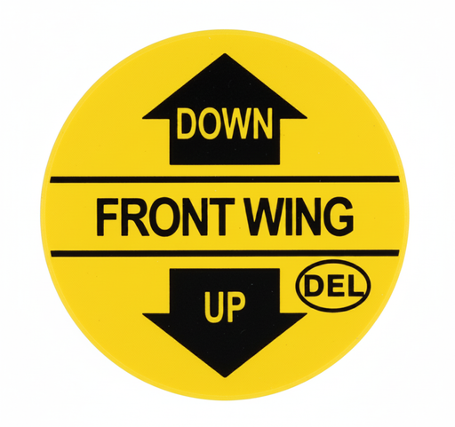 A round yellow Del Hydraulics front wingDown/Up Decal - D39-DECAL2C on a white background