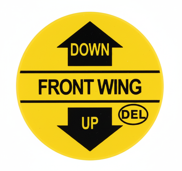 A round yellow Del Hydraulics front wingDown/Up Decal - D39-DECAL2C on a white background