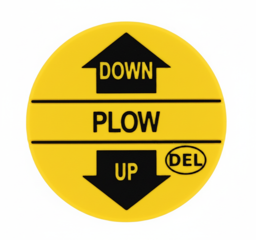 A round yellow Del Hydraulics plow Down/Up Decal - D39-DECAL1A