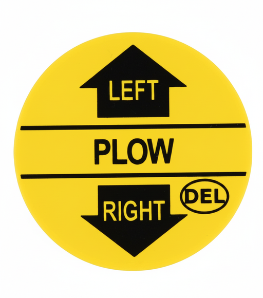 A round yellow Del Hydraulics plow left/right Decal - D39-DECAL6F on a white background