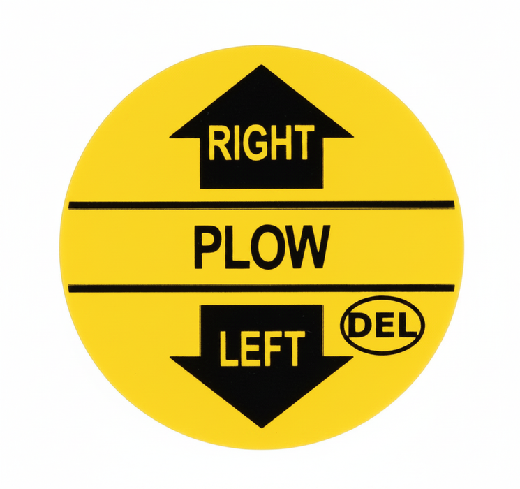 A round yellow Del Hydraulics plow right/left Decal - D39-DECAL1B on a white background