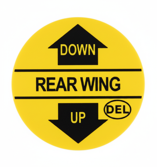 A round yellow Del Hydraulics rear wing Down/Up Decal - D39-DECAL2D on a white background