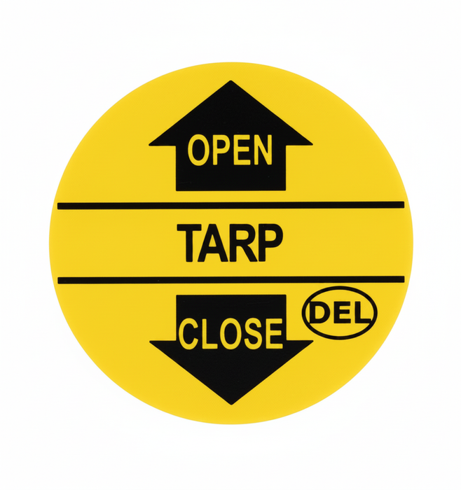 A round yellow Del Hydraulics tarp open/close Decal - D39-DECAL5E on a white background