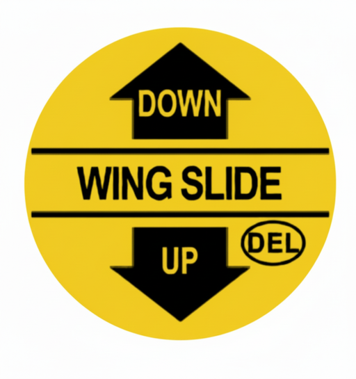 A round yellow Del Hydraulics wing brace Down/Up Decal - D39-DECAL2F on a white background