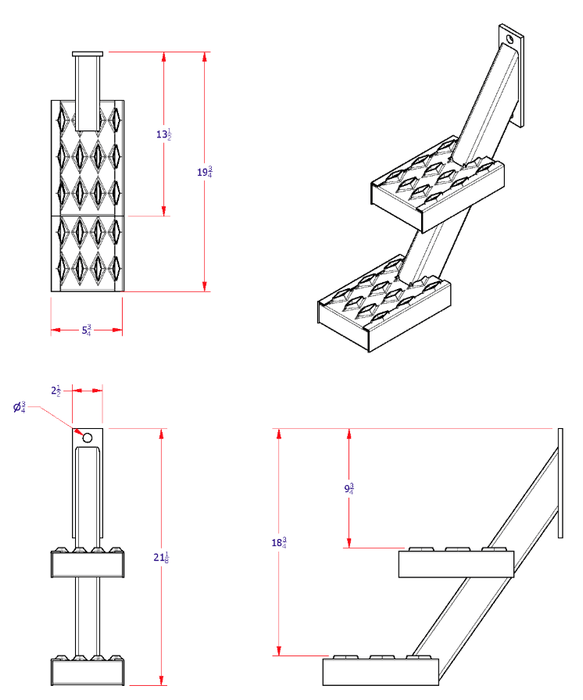 Dimensions diagram for adjustable pedestal step for box trucks diamond grip PS06DIA