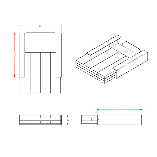 A diagram showing the dimensions of DPH232405.5 Aluminum dolly pad holder that holds 22" X 23" dolly pads