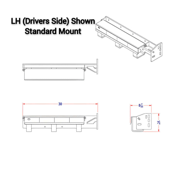 A Diagram of TCH3-RF-L left hand side mud flap tire chain hanger combo bracket with 4 sides shown with text "LH (Drivers Side) Shown Standard Mount)" on the bottom