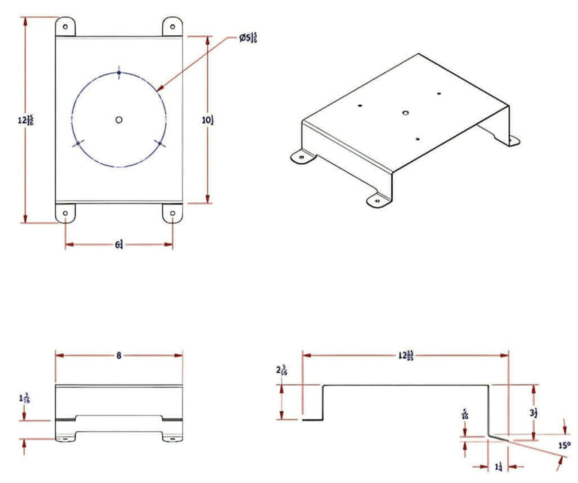 Diagram showing the 4 sides and dimensions of IN7040 beacon light bracket for international trucks 