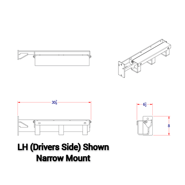 A diagram for a mud flap hanger tire chain hanger combo TCH3-NB-L showing the 4 sides dimensions with text "LH (Drivers Side) Shown Narrow Mount" on the bottom