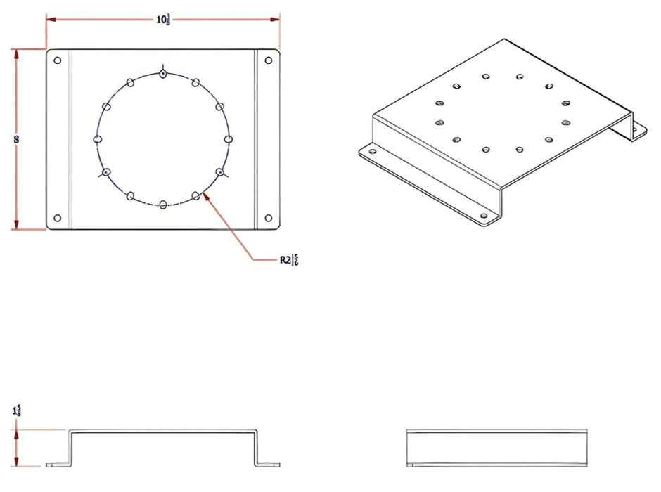 A diagram showing the dimensions of the 4 sides of G477 universal beacon light bracket