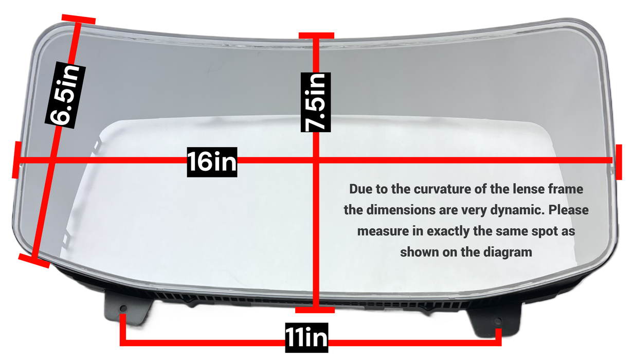Measurement chart for a lens with dimensions indicated, showing curvature details measuring 16" Wide, 7.5" tall