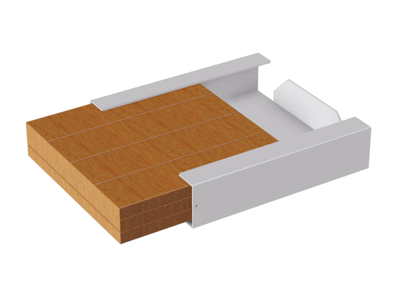 A cartoon image of a wooden dolly pad partially encased by a metal dolly pad holder 