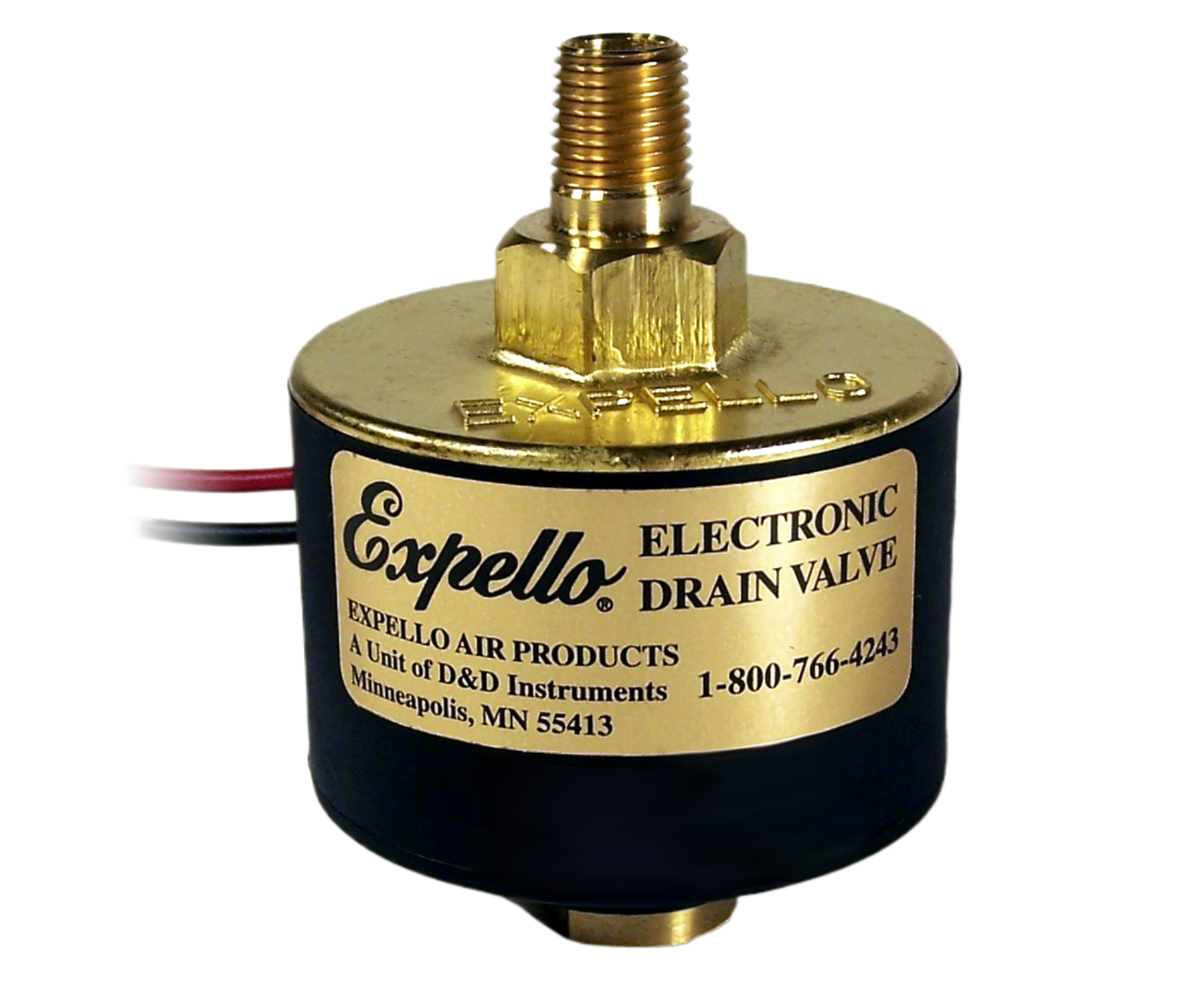 Expello electronic drain valve with gold and black design on a white background