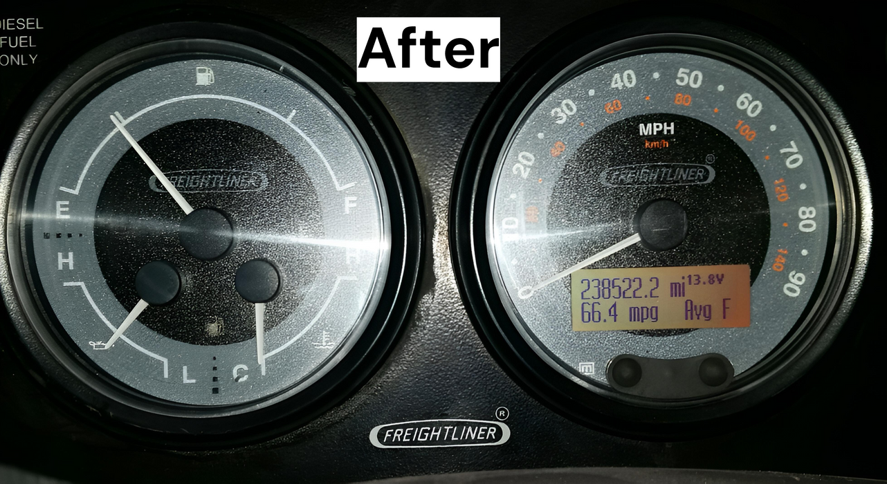 After image of a freightliner mt55 speedometer gauge with clear lenses