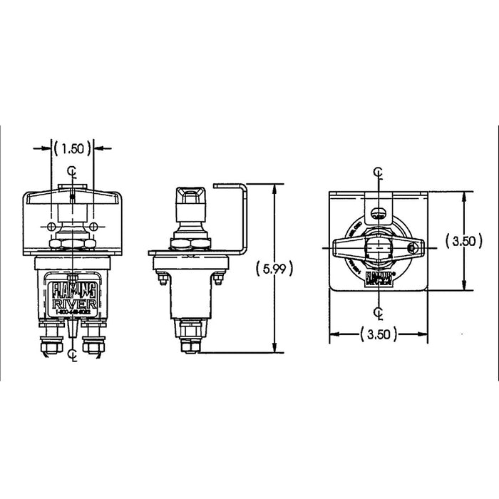 A technical drawing of FR1044LED battery disconnect switch's dimensions and specs